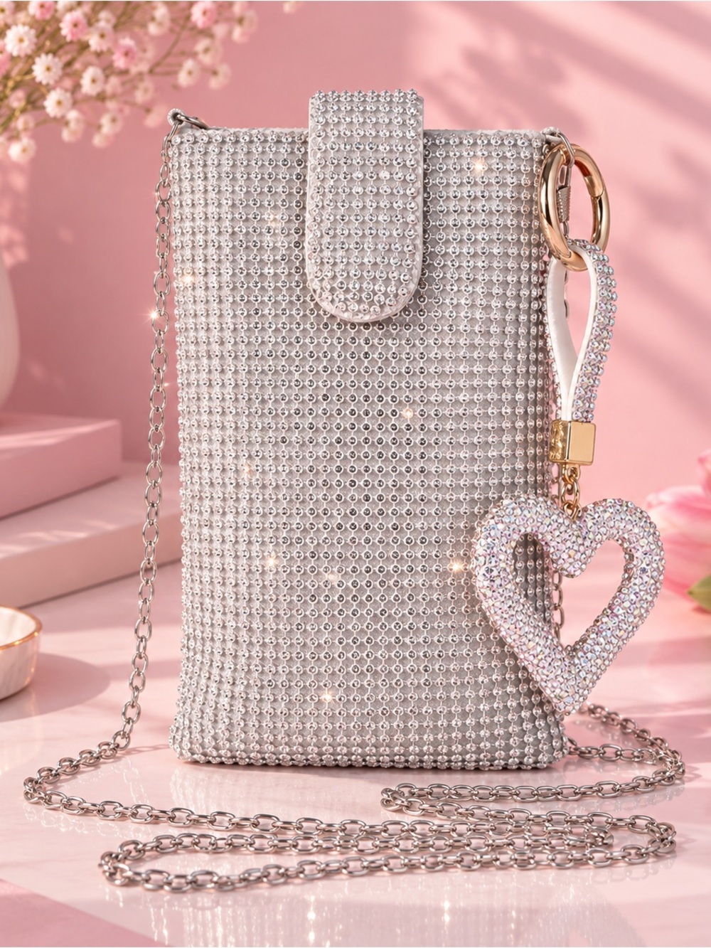 Silver Rhinestone Crossbody Bag with Heart Charm 🍒❤️
